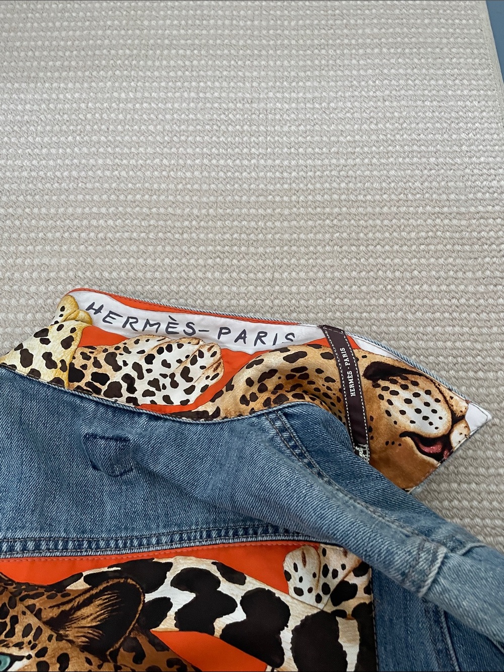 Hermes Blue Denim Jacket with Orange and Leopard Print Panel - Picture 3 of 6